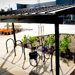 Thumbnail of a commercial bike lockup with sheet metal roofing